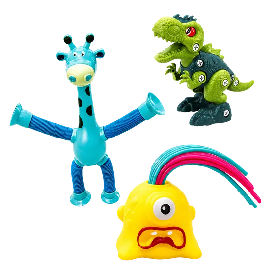 Girafa de tubos sanfonados, dinossauro de montar e monstrinho de massinha