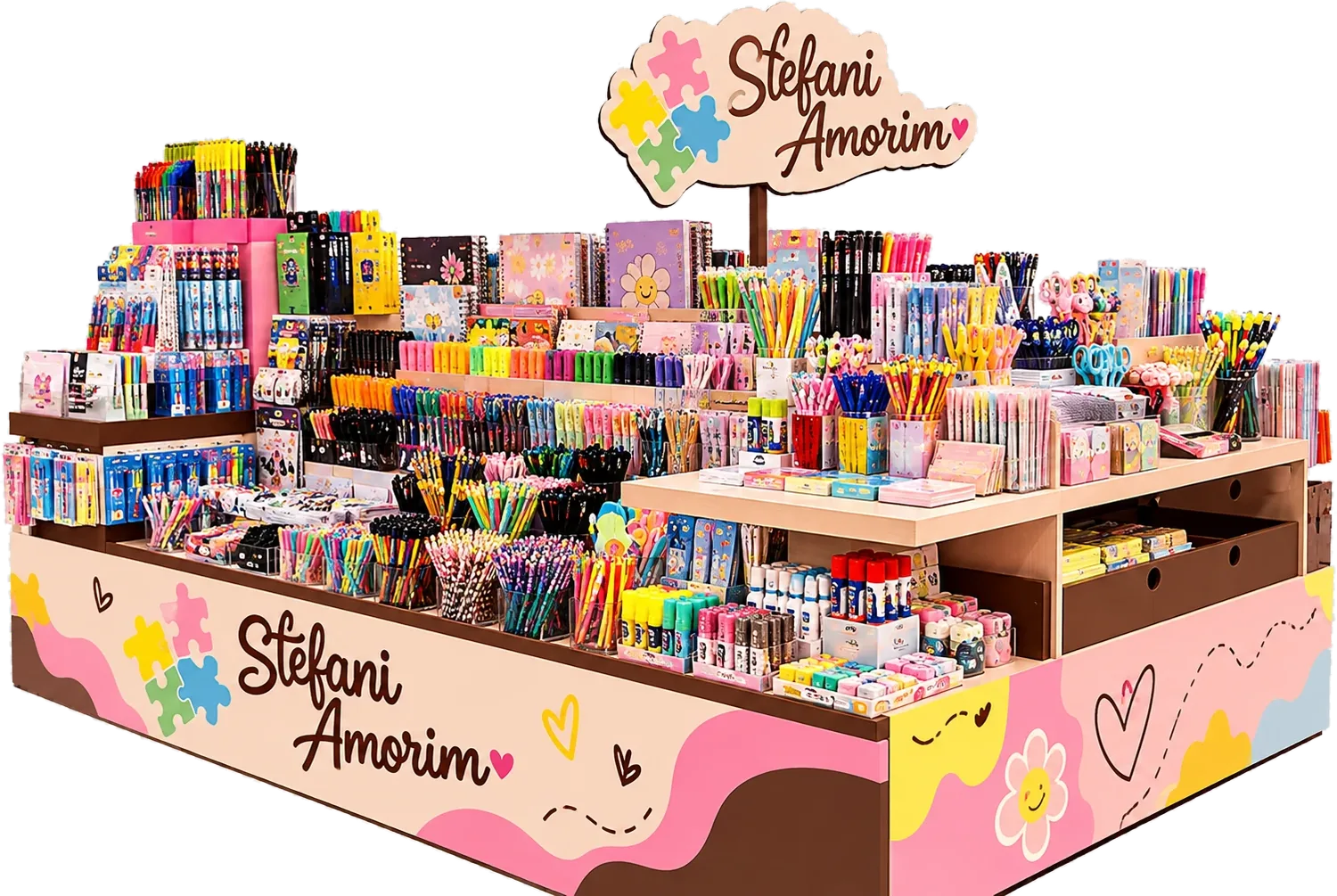 Balcão da Stefani Amorim com cadernos, canetas, lápis, marca-textos, tesouras e adesivos organizados por tipo
